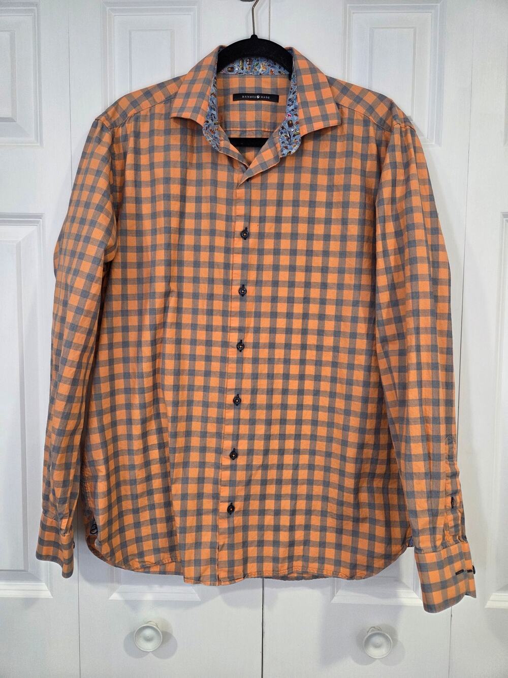 Hammer Made Men's Button Down Shirt 41/16 Orange and Blue Plaid
